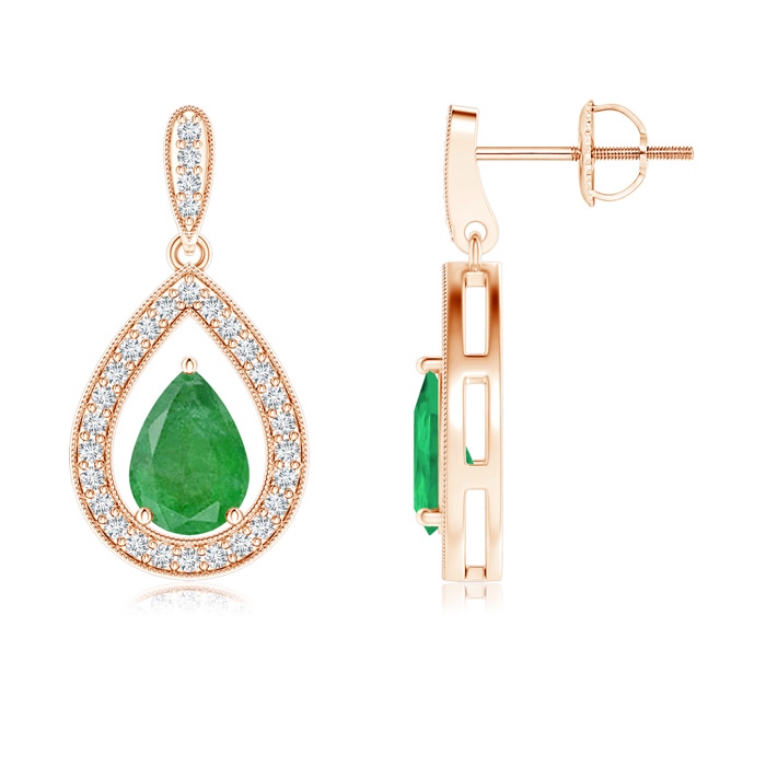 7x5mm A Pear Emerald Drop Earrings with Diamond Halo in Rose Gold 