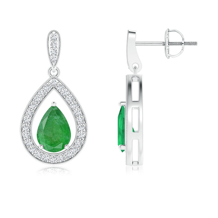7x5mm A Pear Emerald Drop Earrings with Diamond Halo in White Gold 
