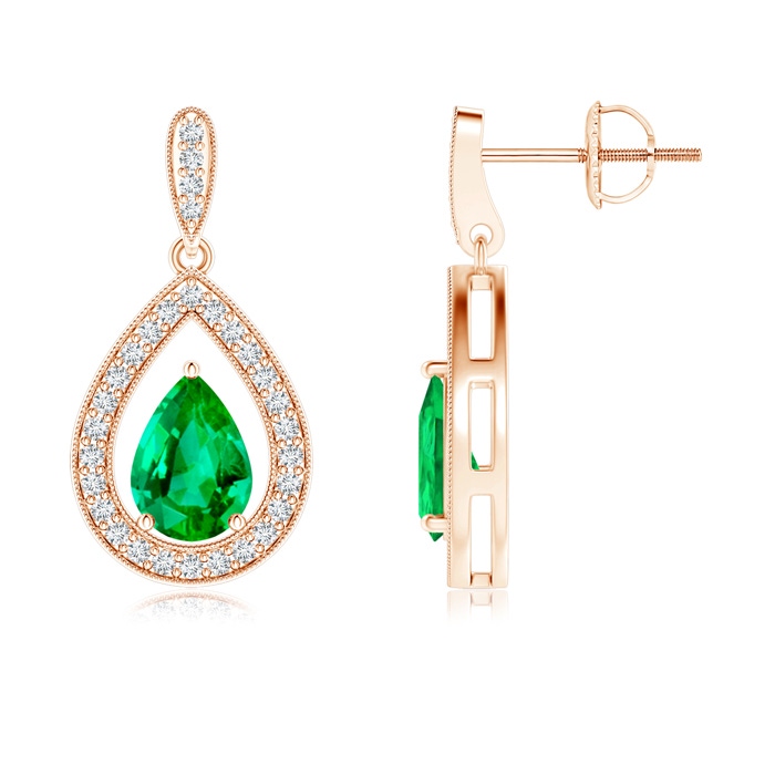 7x5mm AAA Pear Emerald Drop Earrings with Diamond Halo in Rose Gold 