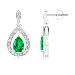 7x5mm AAA Pear Emerald Drop Earrings with Diamond Halo in White Gold