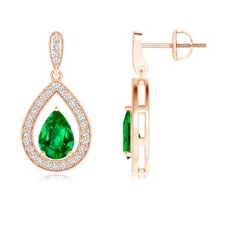 7x5mm AAAA Pear Emerald Drop Earrings with Diamond Halo in Rose Gold