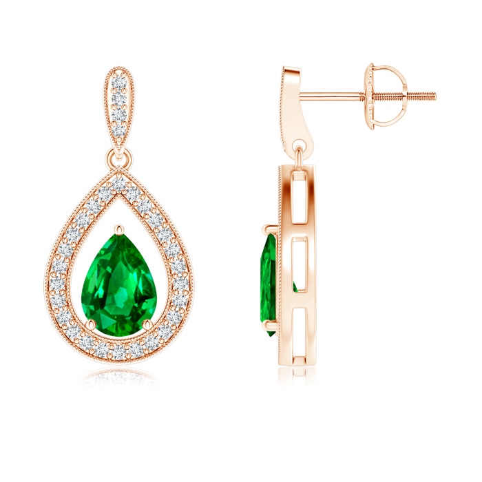 7x5mm AAAA Pear Emerald Drop Earrings with Diamond Halo in Rose Gold 