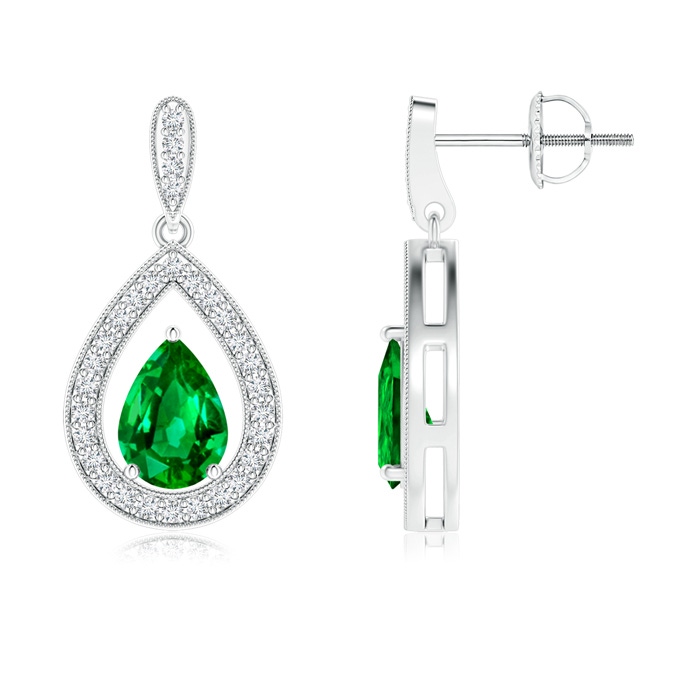 7x5mm AAAA Pear Emerald Drop Earrings with Diamond Halo in White Gold
