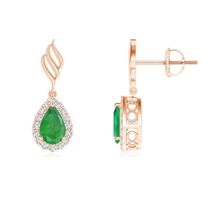 6x4mm A Pear Emerald Halo Drop Earrings with Trio Swirls in Rose Gold