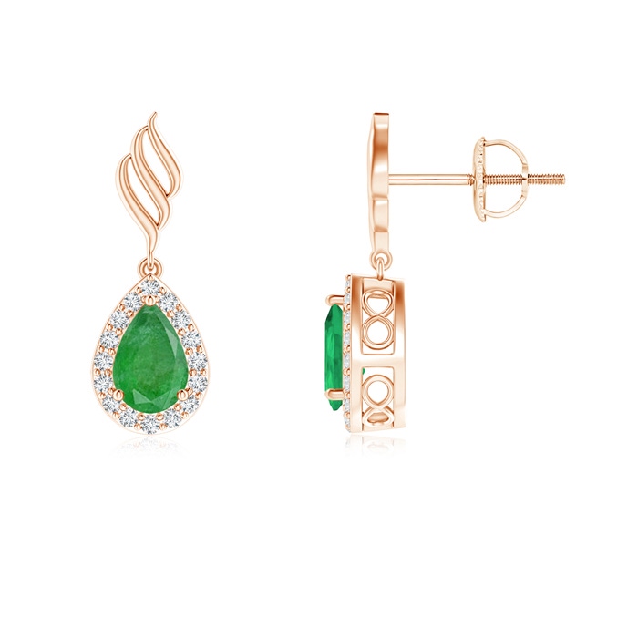 6x4mm A Pear Emerald Halo Drop Earrings with Trio Swirls in Rose Gold 