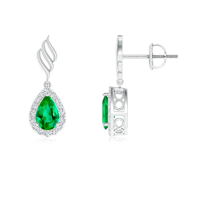 6x4mm AAA Pear Emerald Halo Drop Earrings with Trio Swirls in White Gold 