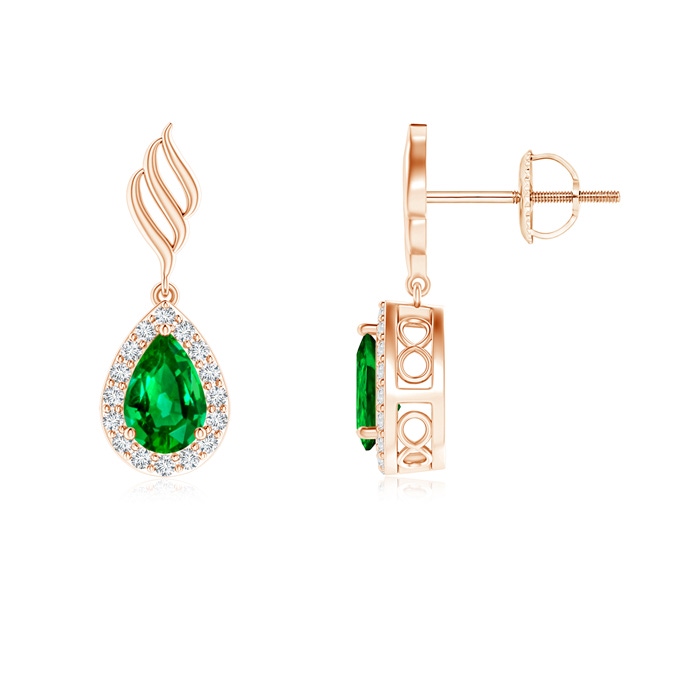 6x4mm AAAA Pear Emerald Halo Drop Earrings with Trio Swirls in Rose Gold