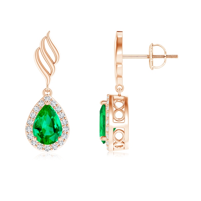 7x5mm AAA Pear Emerald Halo Drop Earrings with Trio Swirls in Rose Gold 