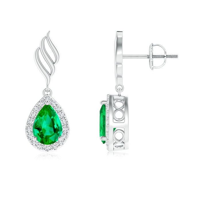 7x5mm AAA Pear Emerald Halo Drop Earrings with Trio Swirls in White Gold 