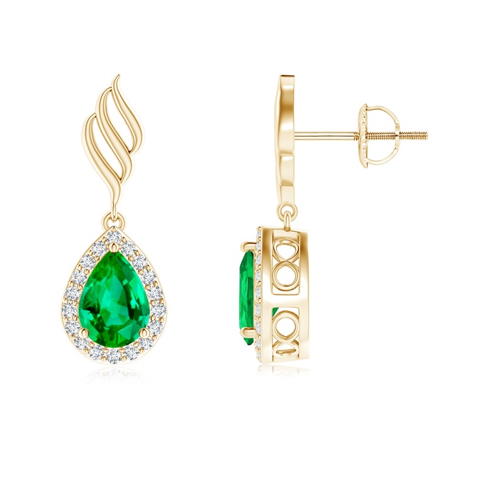 7x5mm AAA Pear Emerald Halo Drop Earrings with Trio Swirls in Yellow Gold 