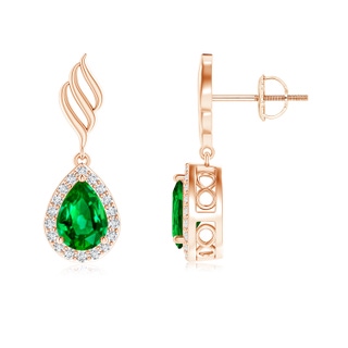 7x5mm AAAA Pear Emerald Halo Drop Earrings with Trio Swirls in Rose Gold