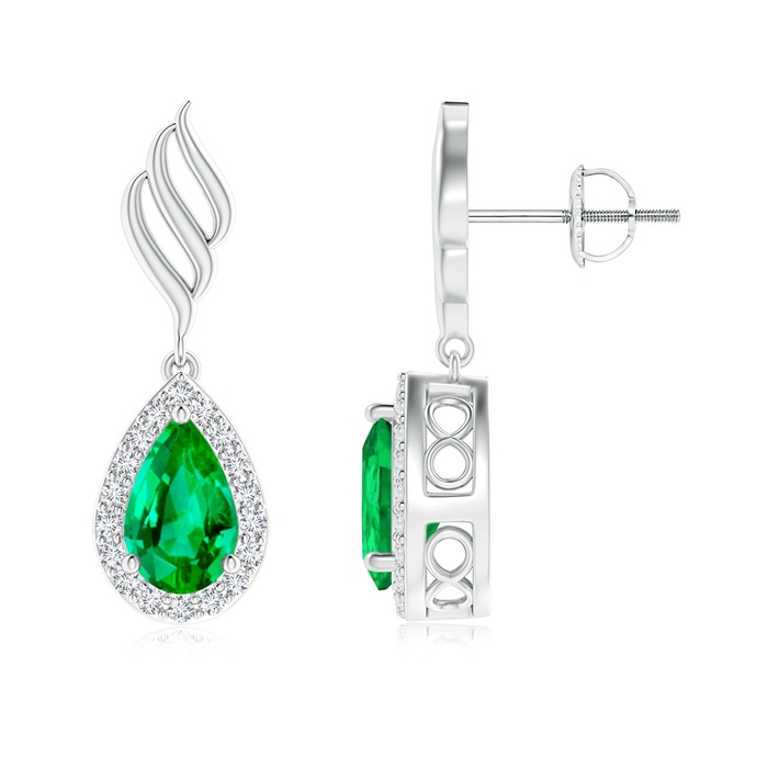 8x5mm AAA Pear Emerald Halo Drop Earrings with Trio Swirls in White Gold 