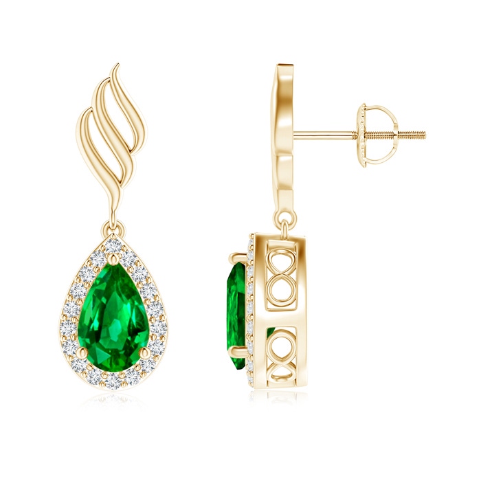 8x5mm AAAA Pear Emerald Halo Drop Earrings with Trio Swirls in Yellow Gold 