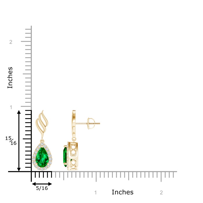 8x5mm AAAA Pear Emerald Halo Drop Earrings with Trio Swirls in Yellow Gold product image