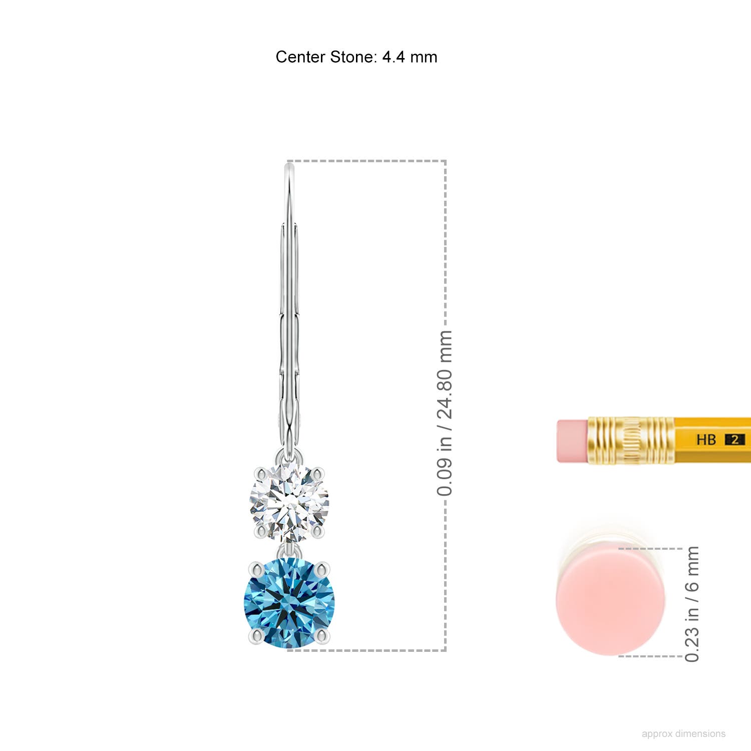 4.4mm AAAA Fancy Intense Blue and White Diamond Leverback Dangle Earrings in White Gold - ruler