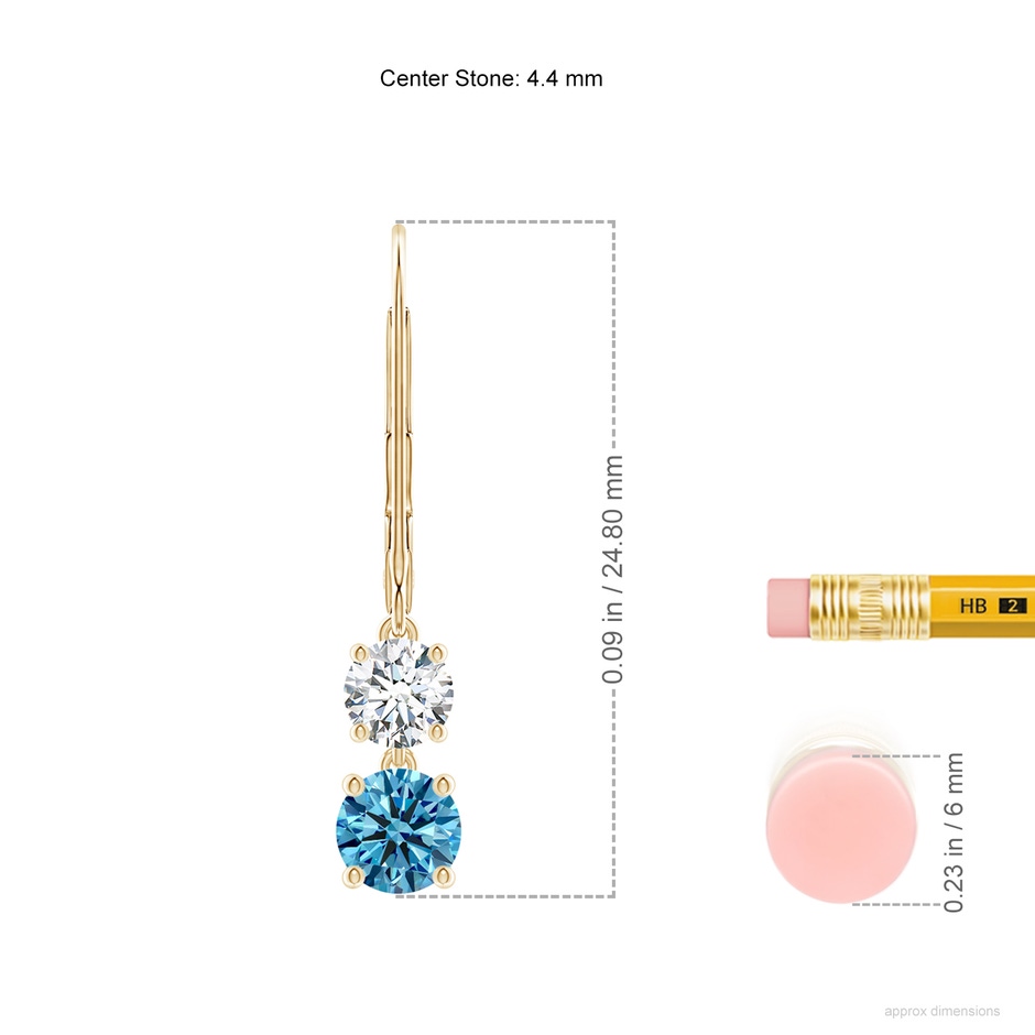 4.4mm AAAA Fancy Intense Blue and White Diamond Leverback Dangle Earrings in Yellow Gold ruler