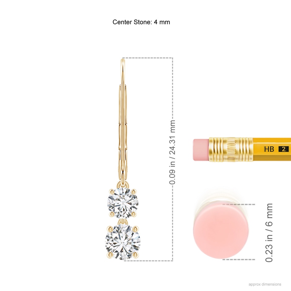 4mm HSI2 Double Diamond Leverback Dangle Earrings in Yellow Gold ruler