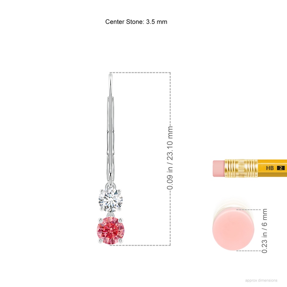 3.5mm AAAA Fancy Intense Pink and White Diamond Leverback Dangle Earrings in P950 Platinum ruler