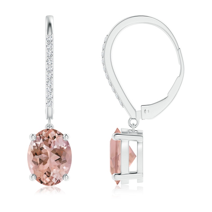 9x7mm AAAA Solitaire Oval Morganite Leverback Earrings with Diamonds in White Gold