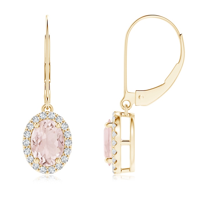 7x5mm A Oval Morganite Leverback Earrings with Diamond Halo in Yellow Gold 