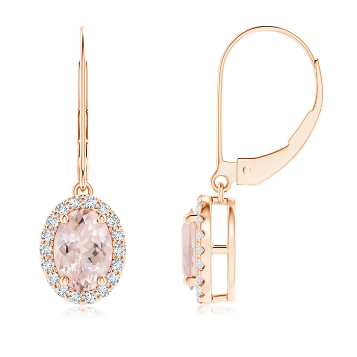 7x5mm AA Oval Morganite Leverback Earrings with Diamond Halo in 9K Rose Gold 
