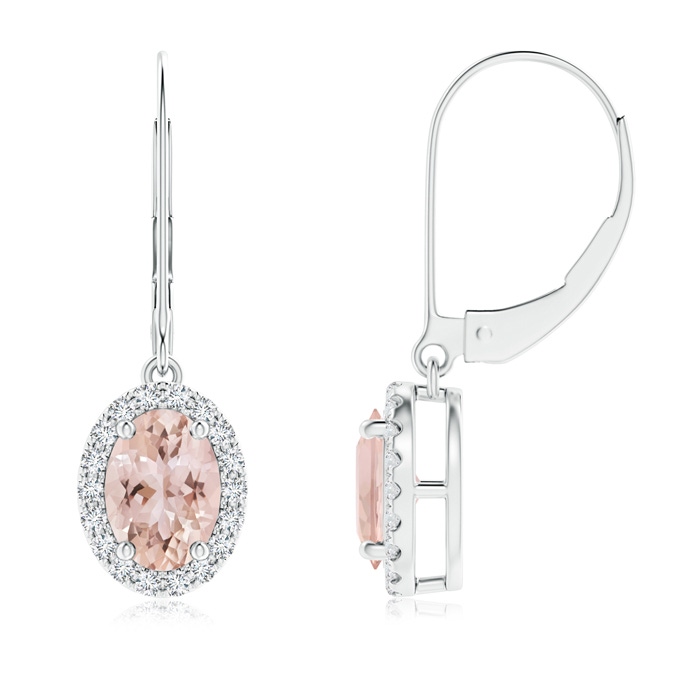 7x5mm AAA Oval Morganite Leverback Earrings with Diamond Halo in P950 Platinum