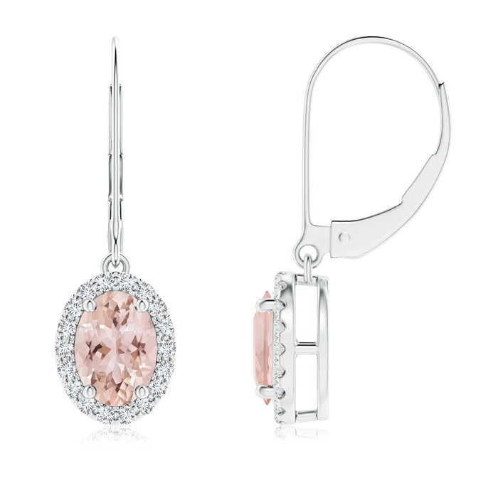 7x5mm AAA Oval Morganite Leverback Earrings with Diamond Halo in P950 Platinum 