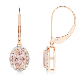 7x5mm AAA Oval Morganite Leverback Earrings with Diamond Halo in Rose Gold