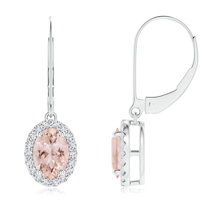 7x5mm AAA Oval Morganite Leverback Earrings with Diamond Halo in White Gold 