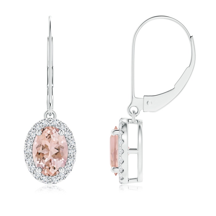 7x5mm AAAA Oval Morganite Leverback Earrings with Diamond Halo in P950 Platinum