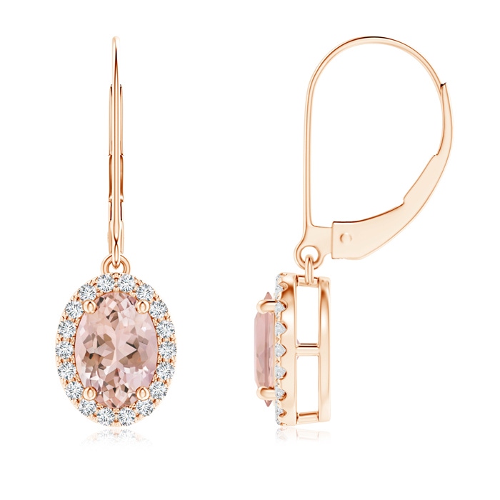 7x5mm AAAA Oval Morganite Leverback Earrings with Diamond Halo in Rose Gold