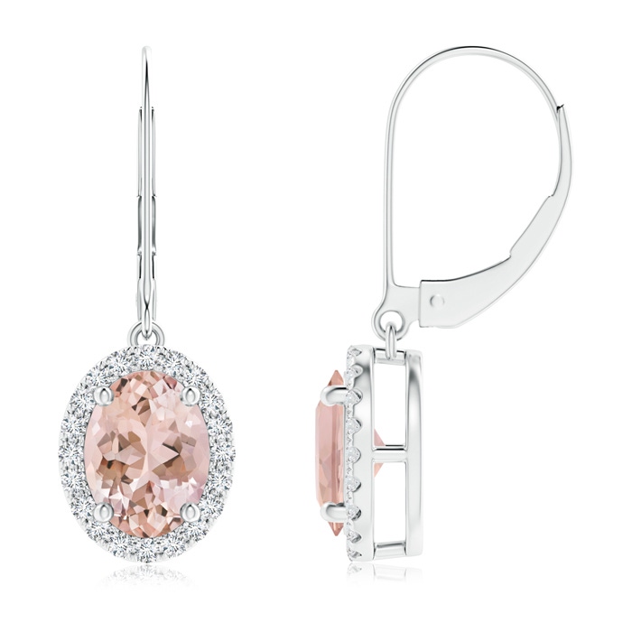 8x6mm AAAA Oval Morganite Leverback Earrings with Diamond Halo in P950 Platinum 