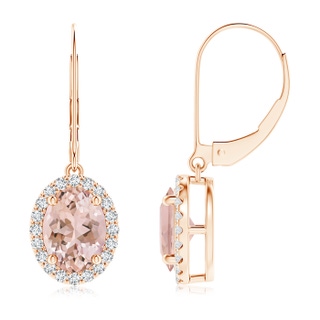 8x6mm AAAA Oval Morganite Leverback Earrings with Diamond Halo in Rose Gold