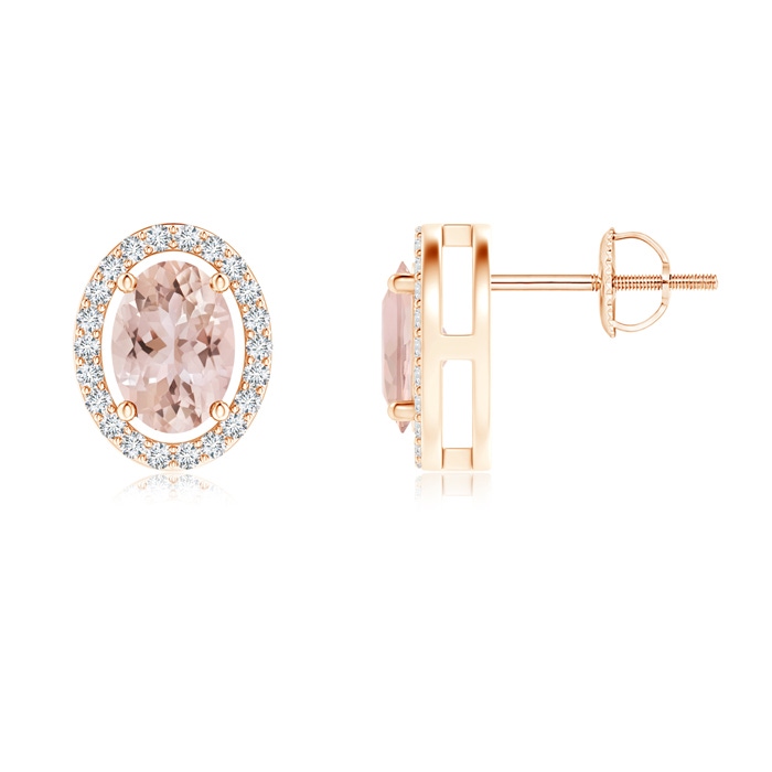 7x5mm AAA Floating Morganite Stud Earrings with Diamond Halo in Rose Gold