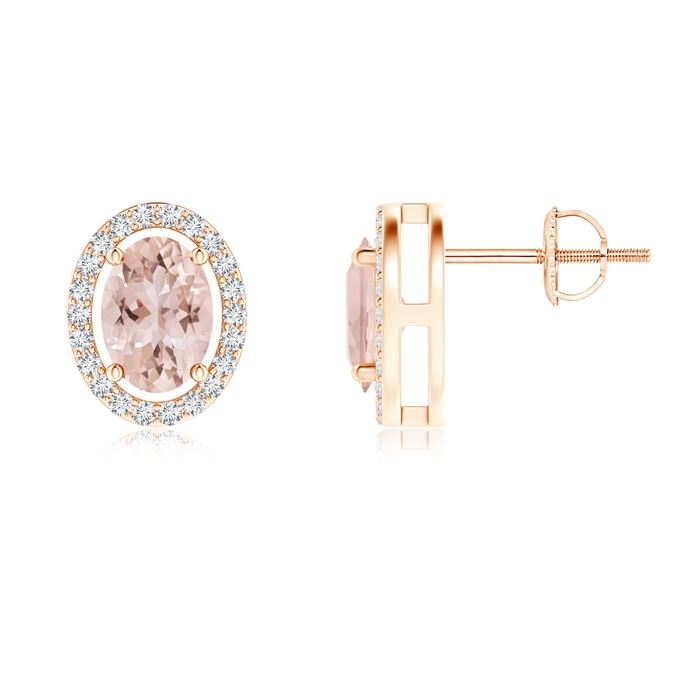 7x5mm AAA Floating Morganite Stud Earrings with Diamond Halo in Rose Gold 