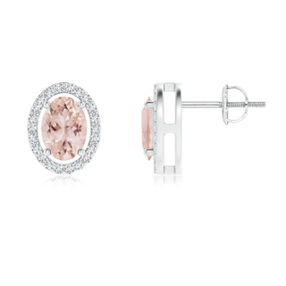 7x5mm AAA Floating Morganite Stud Earrings with Diamond Halo in White Gold