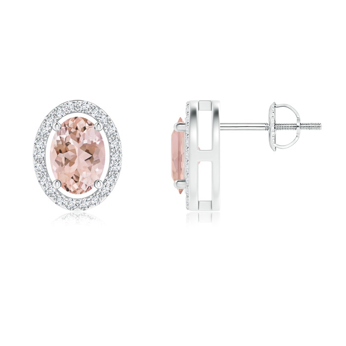 7x5mm AAAA Floating Morganite Stud Earrings with Diamond Halo in White Gold