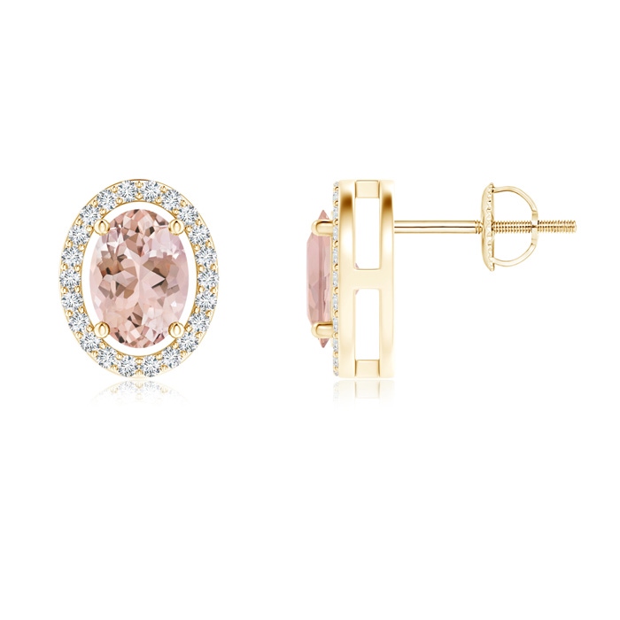 7x5mm AAAA Floating Morganite Stud Earrings with Diamond Halo in Yellow Gold