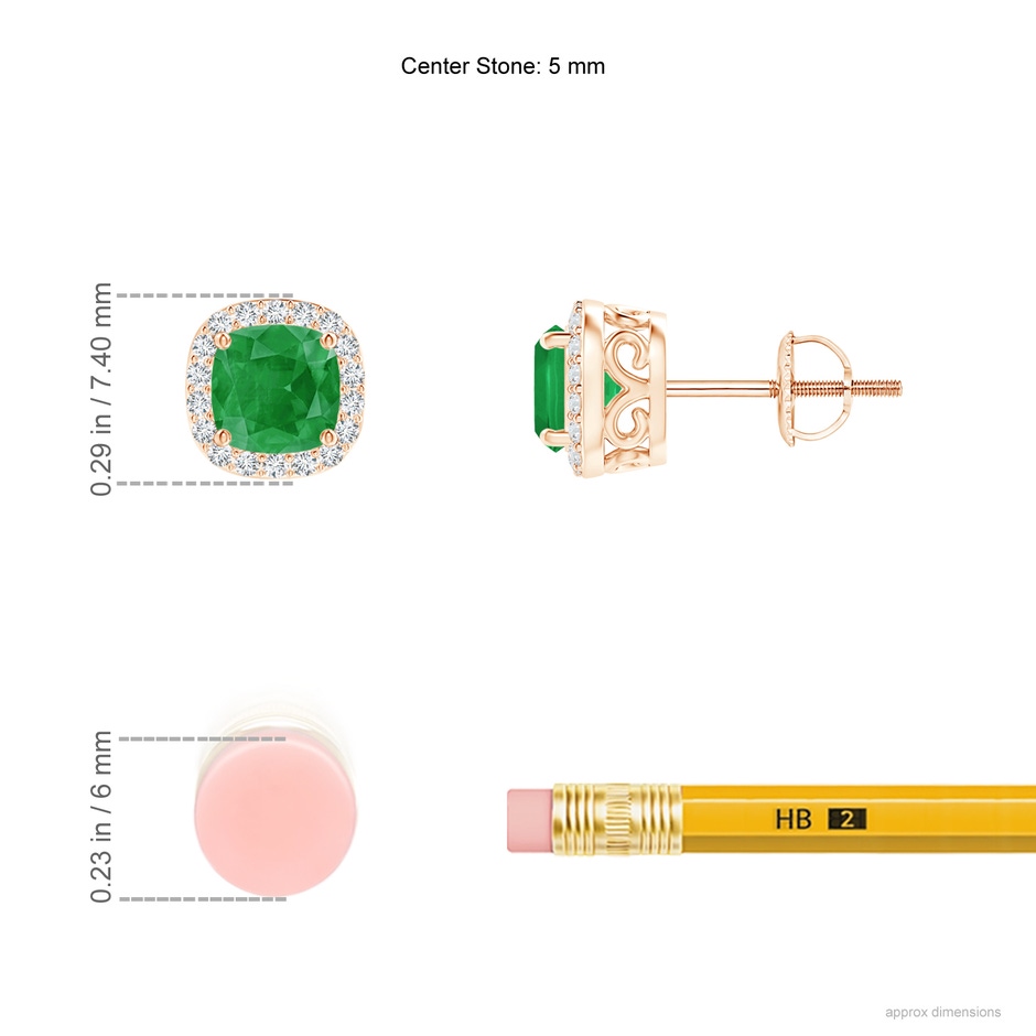 4mm A Cushion Emerald Studs with Diamond Halo in Rose Gold ruler