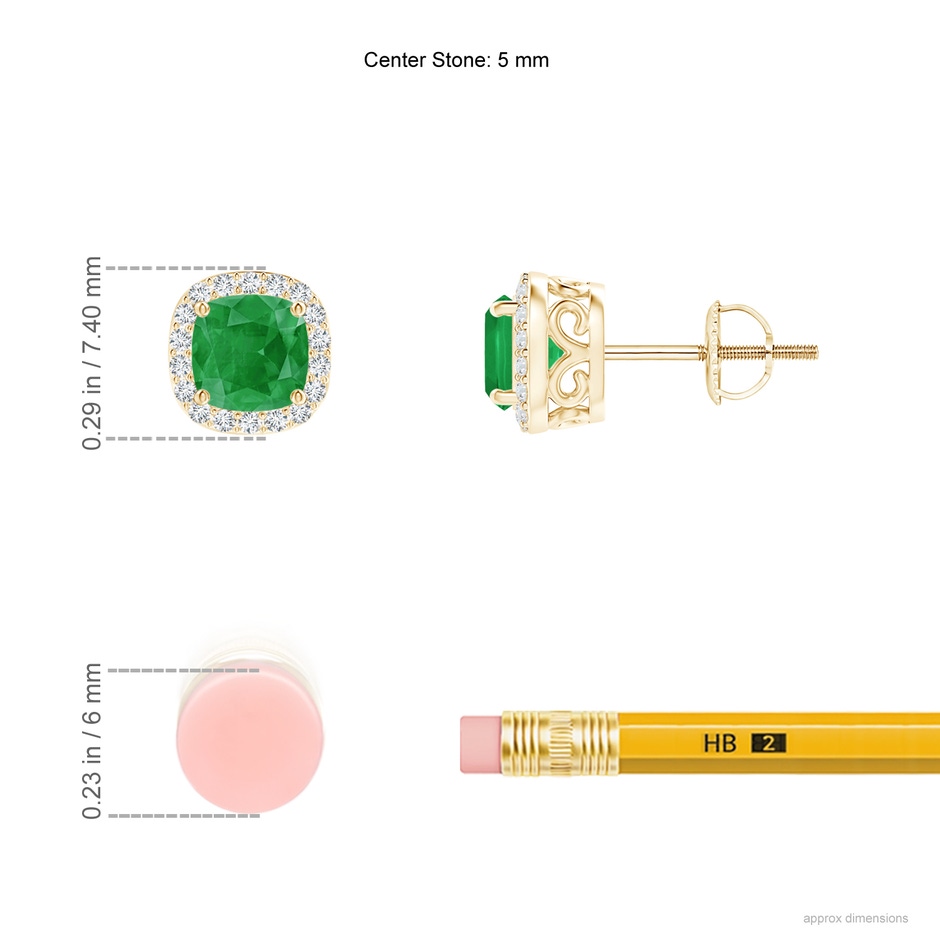 4mm A Cushion Emerald Studs with Diamond Halo in Yellow Gold ruler