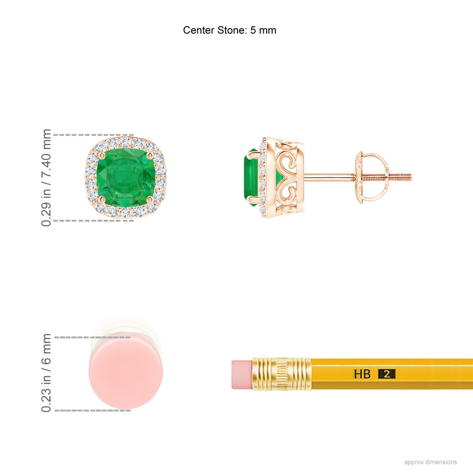 4mm AA Cushion Emerald Studs with Diamond Halo in Rose Gold ruler