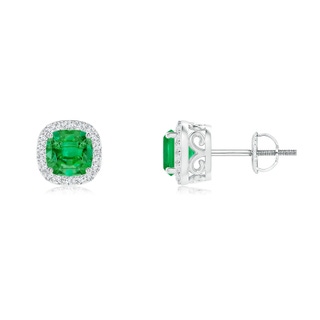 4mm AAA Cushion Emerald Studs with Diamond Halo in White Gold