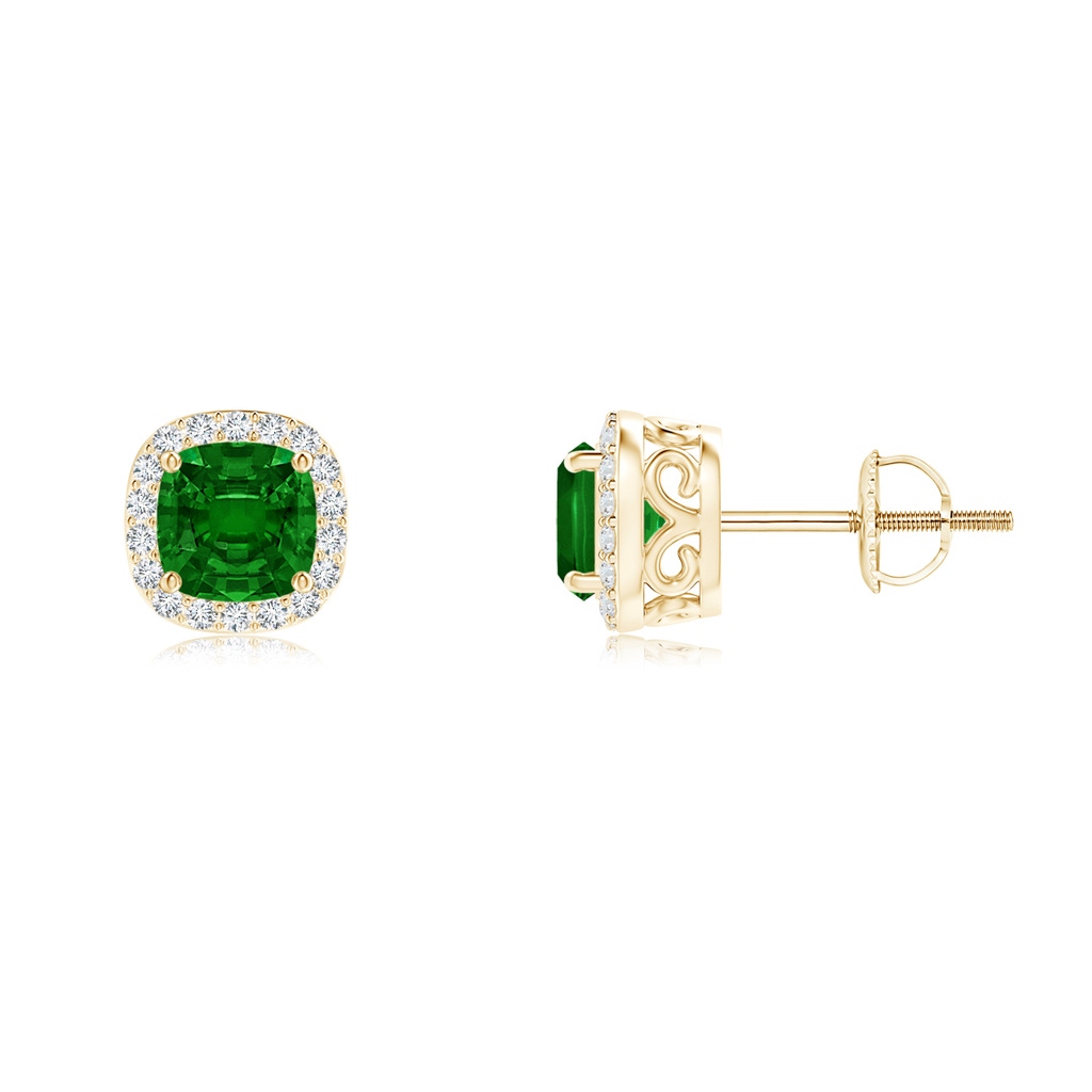 4mm AAAA Cushion Emerald Studs with Diamond Halo in Yellow Gold