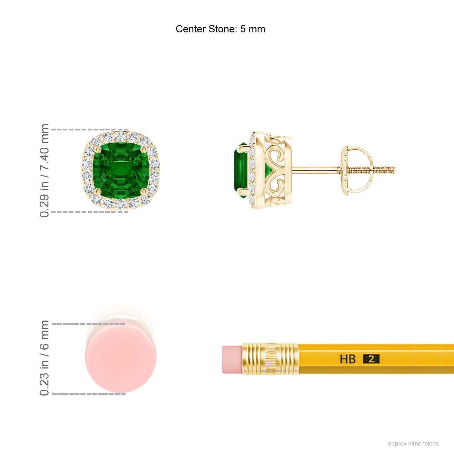 4mm AAAA Cushion Emerald Studs with Diamond Halo in Yellow Gold - ruler