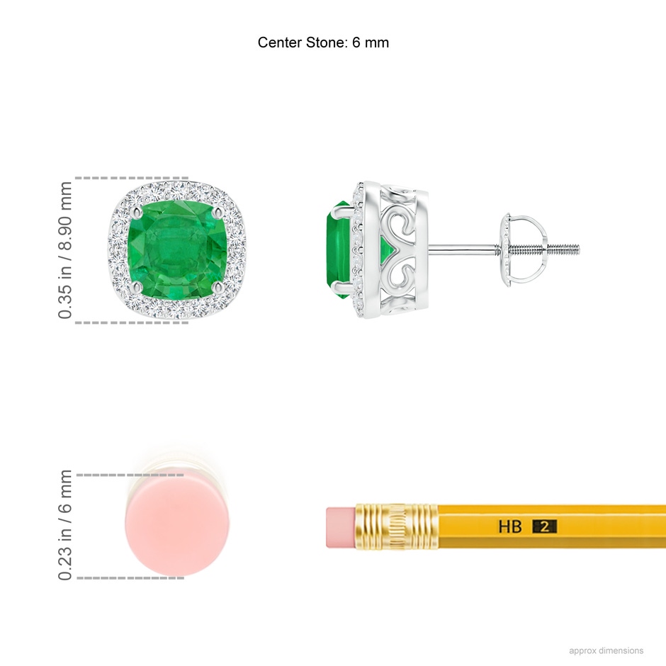 5mm AA Cushion Emerald Studs with Diamond Halo in 18K White Gold ruler