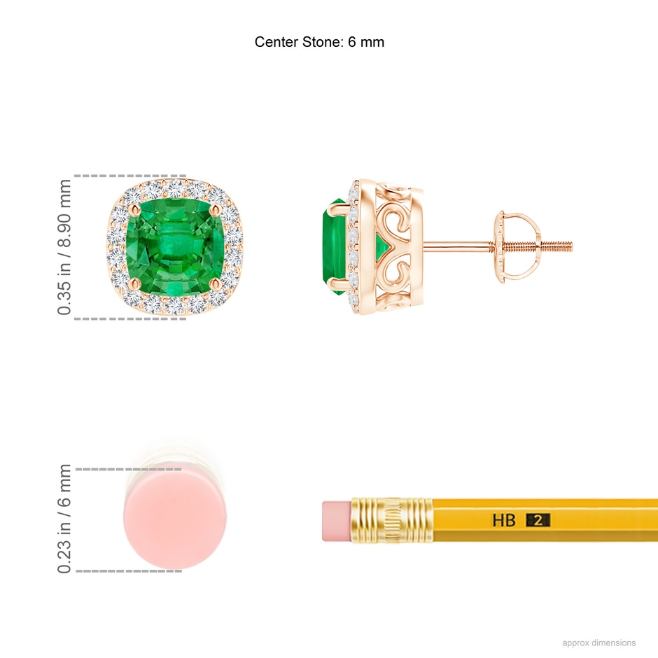 5mm AAA Cushion Emerald Studs with Diamond Halo in 18K Rose Gold ruler