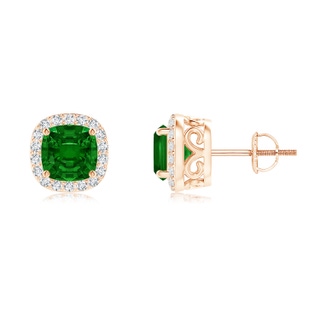 5mm AAAA Cushion Emerald Studs with Diamond Halo in Rose Gold