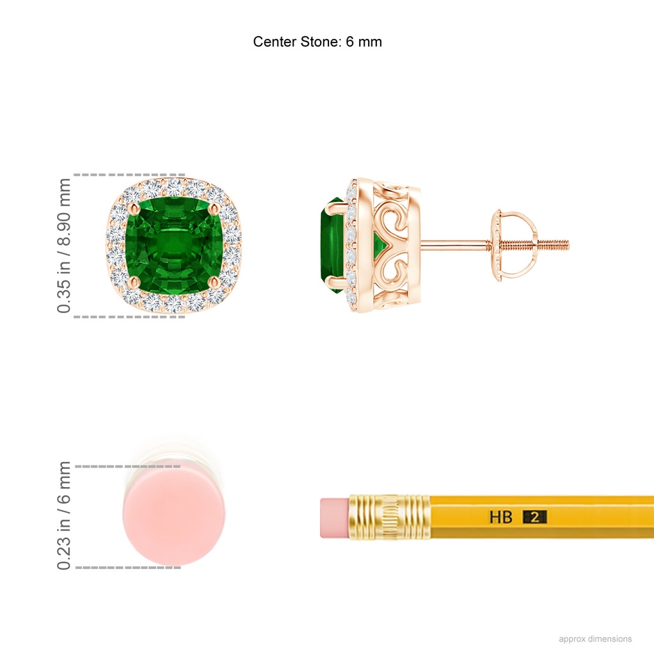 5mm AAAA Cushion Emerald Studs with Diamond Halo in Rose Gold ruler