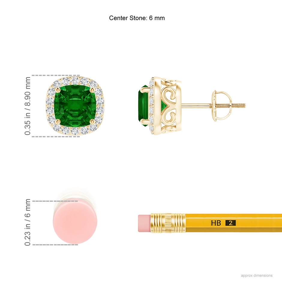 5mm AAAA Cushion Emerald Studs with Diamond Halo in Yellow Gold ruler