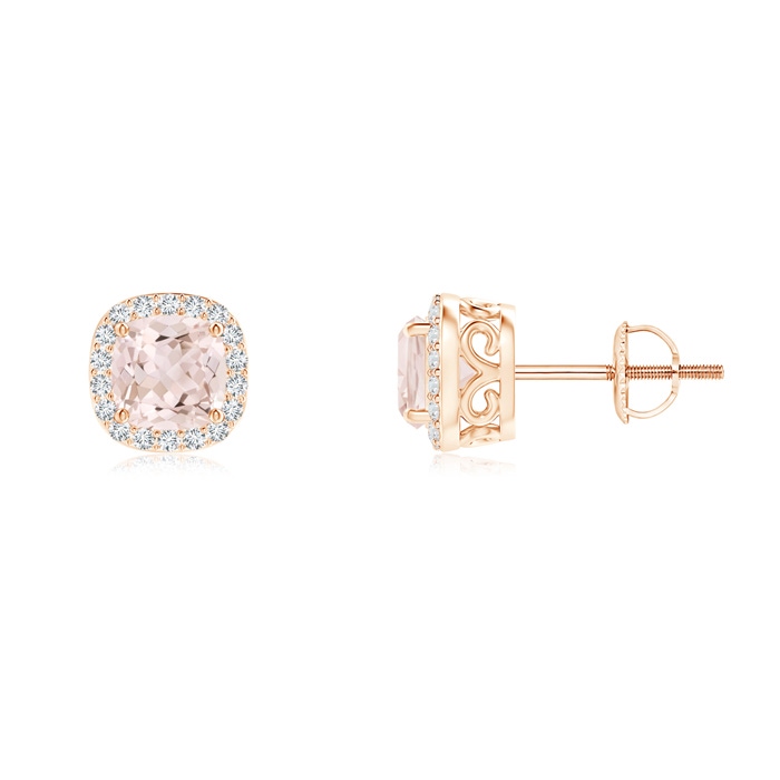 5mm A Cushion Morganite Studs with Diamond Halo in Rose Gold 